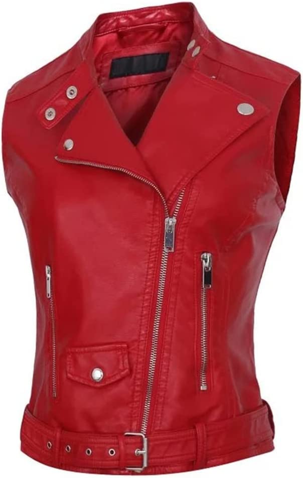 Women's Red Leather Biker Vest