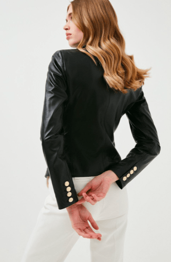 Women's Black Leather Blazer with Golden Buttons