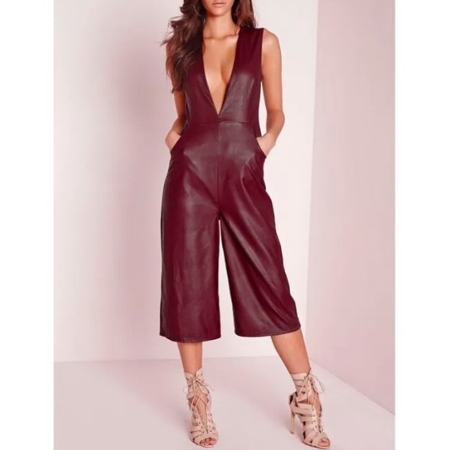 Elegant Maroon Women's Leather Jumpsuit 