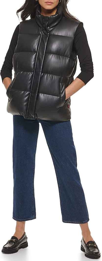 Women's Black Leather Puffer Vest