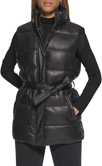 Women's Black Puffer Leather Vest with Belt