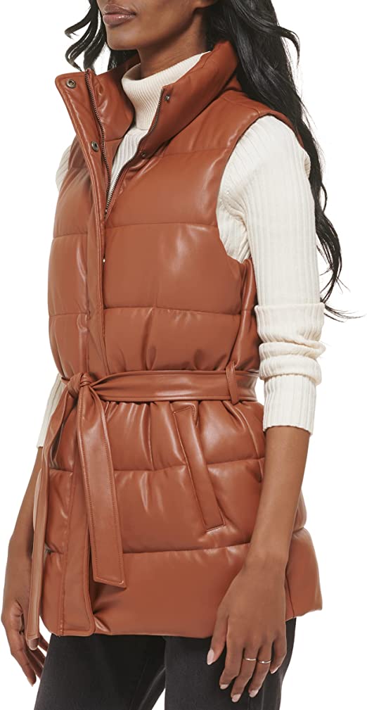 Women's Chocolate Brown Puffer Leather Vest with Belt