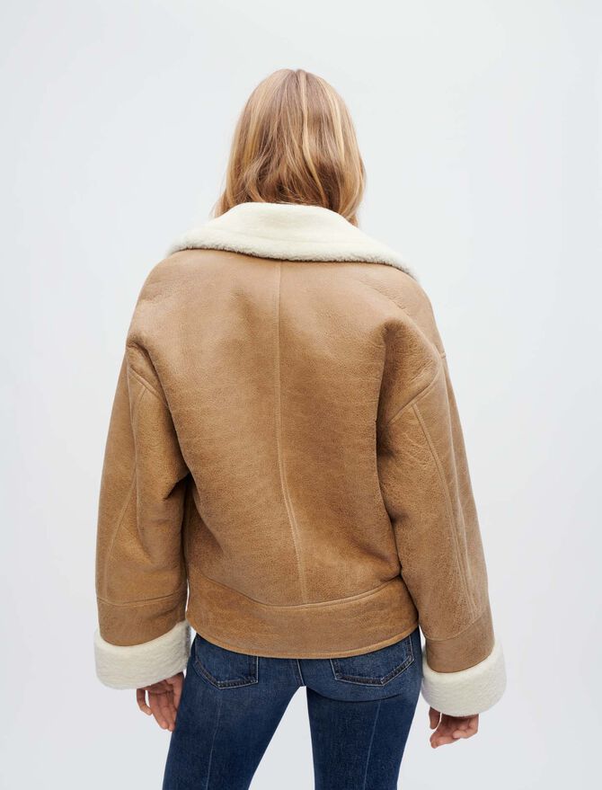 Women's Tan Brown Shearling Biker Leather Jacket