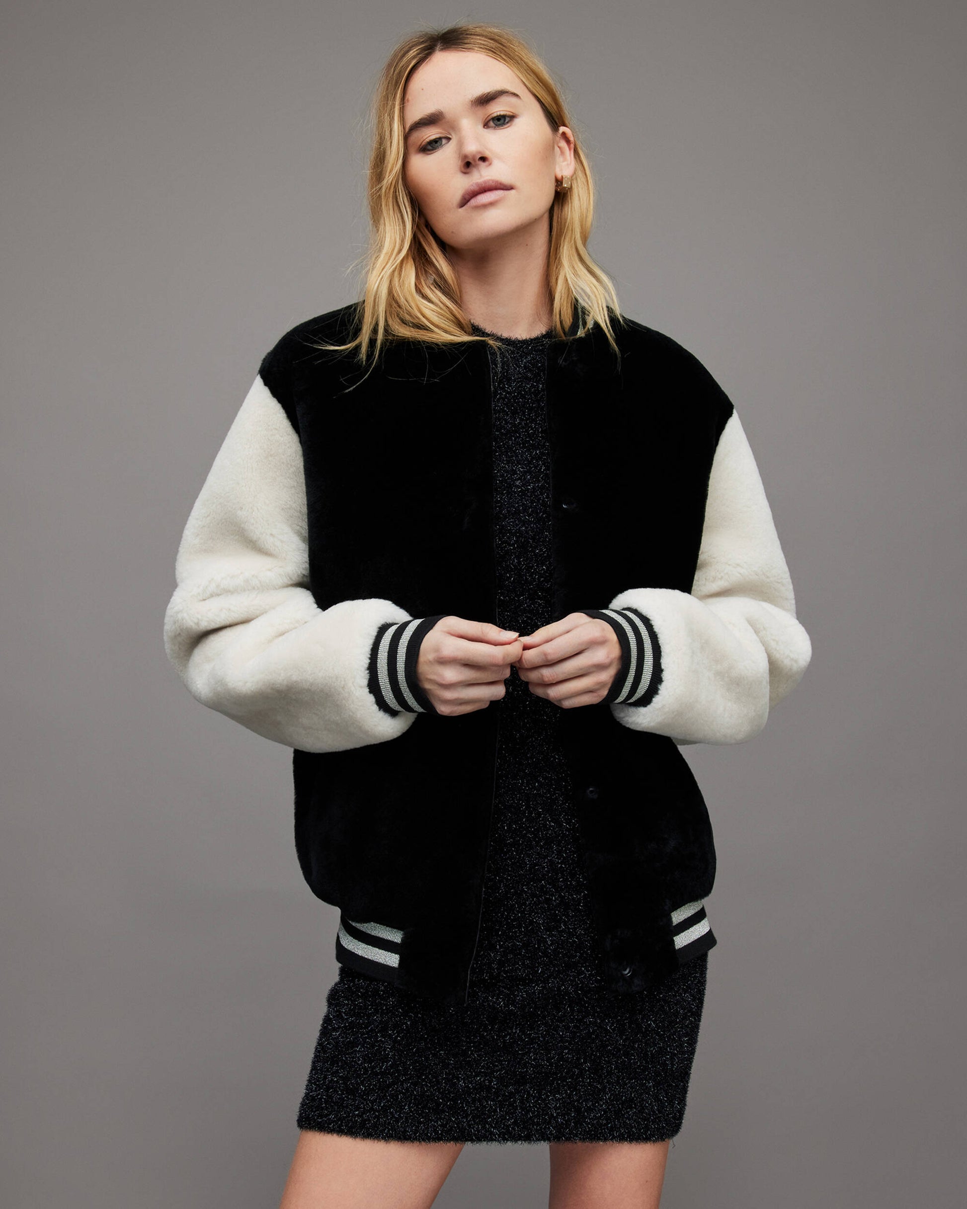 Women's White & Black Shearling Bomber Jacket - Stylish and Warm