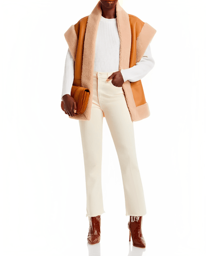 Women's Tan Brown Shearling Leather Vest with Patch Pockets