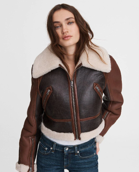 Women's Dark Brown Sheepskin Leather Jacket with Oversized Collar - Elegant and Cozy