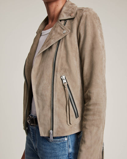 Women's Tan Beige Suede Leather Biker Jacket – Classic & Elegant