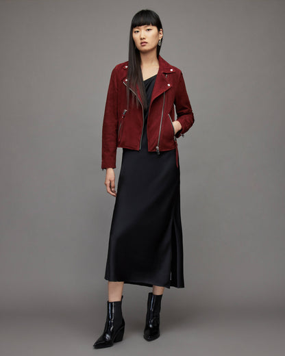 Women's Red Suede Leather Biker Jacket – Bold & Elegant