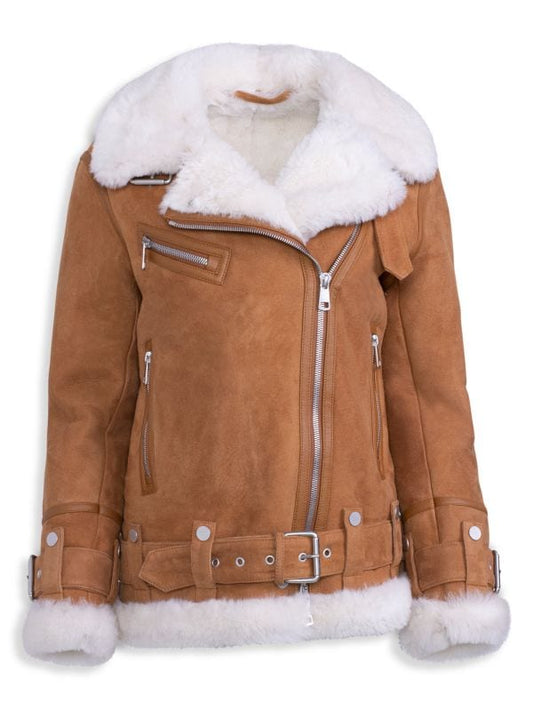 Women's Brown Suede Leather Shearling Biker Jacket