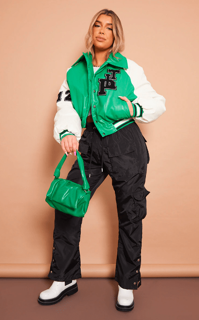 Women's Green Varsity Bomber Leather Jacket with White Sleeves - Classic and Vibrant