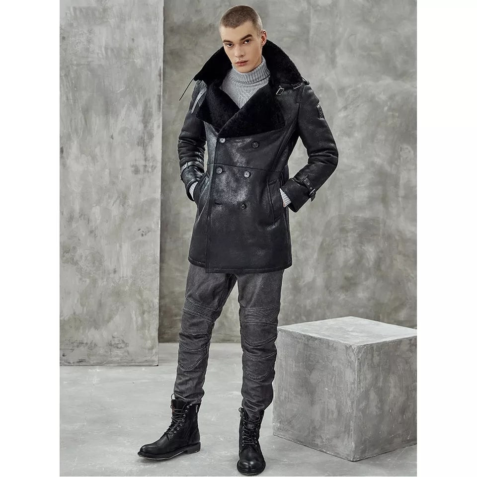 Men's Black Shearling Leather Coat