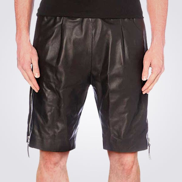 Men’s Black Leather Shorts with Side Zipper Detailing – Avanzar Leather