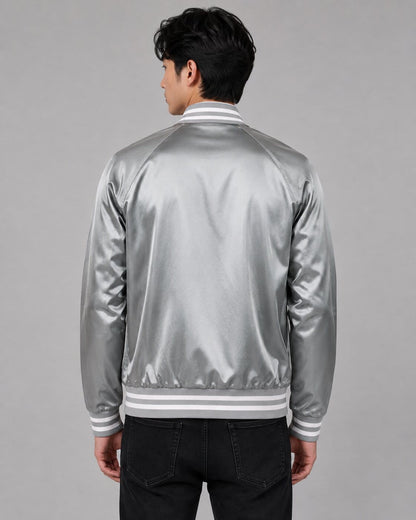 Silver Luxe Satin Bomber Jacket - Classic Modern Design back view by avanzar leather