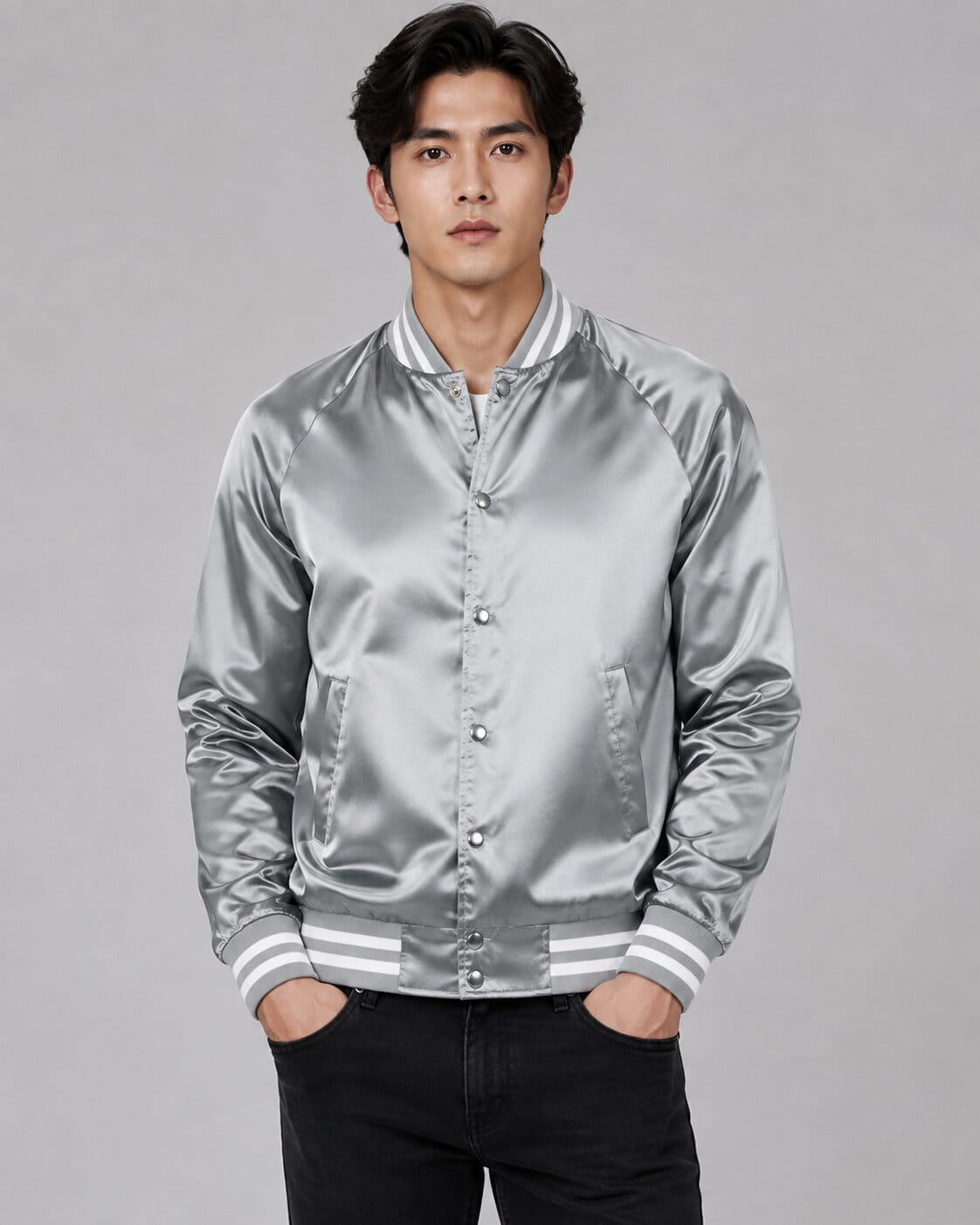 Silver Luxe Satin Bomber Jacket - Classic Modern Design front view by avanzar leather