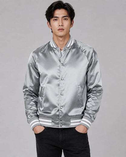 Silver Luxe Satin Bomber Jacket - Classic Modern Design front view by avanzar leather