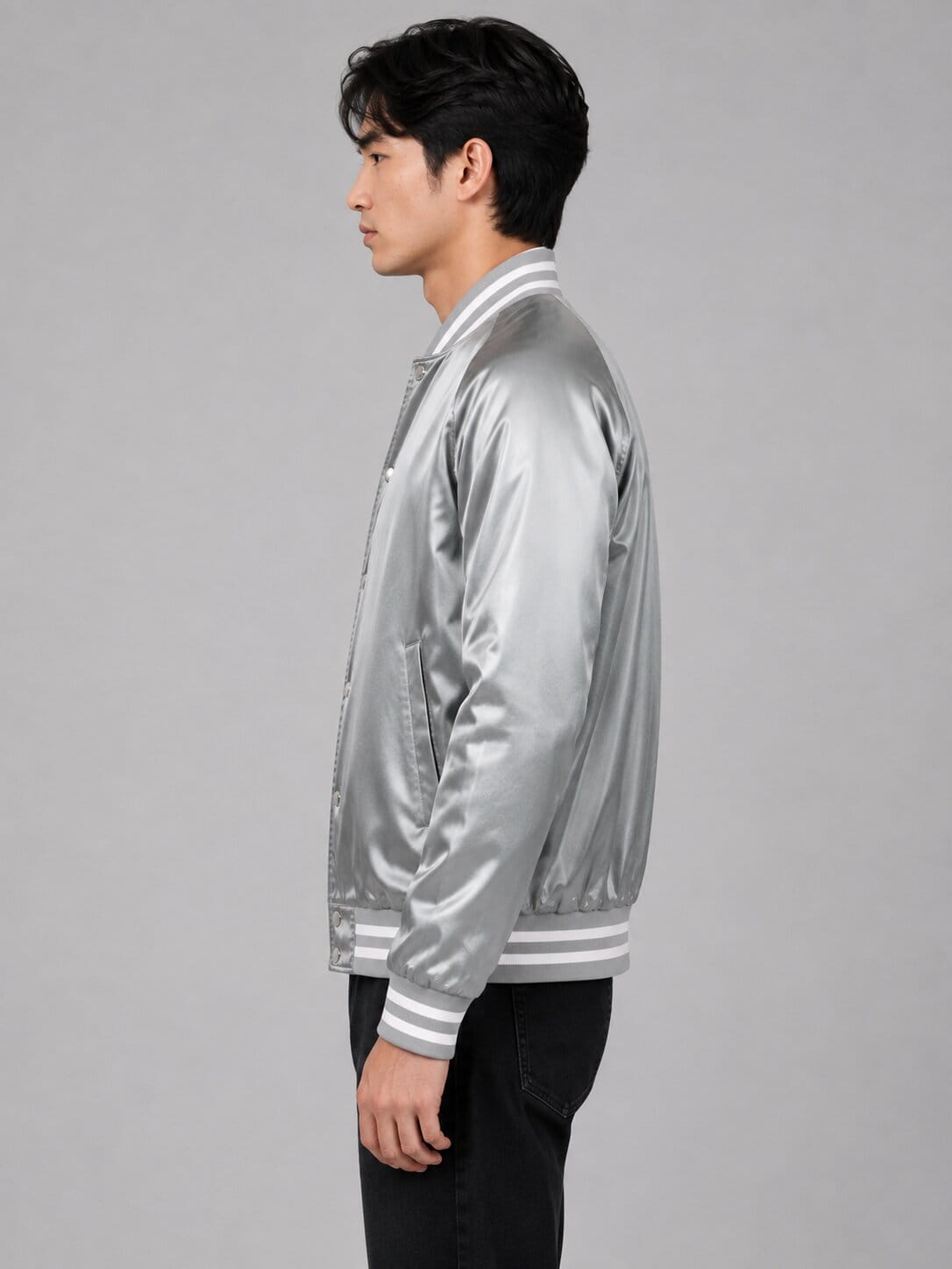 Silver Luxe Satin Bomber Jacket - Classic Modern Design sid view by avanzar leather