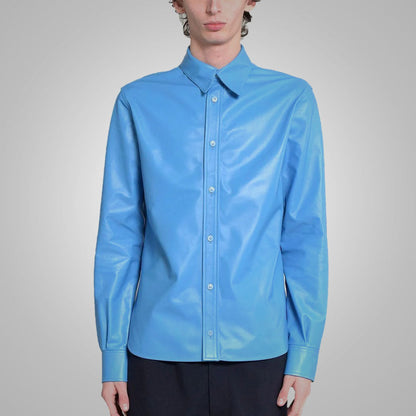 Sky Blue Lambskin Leather Shirt Men