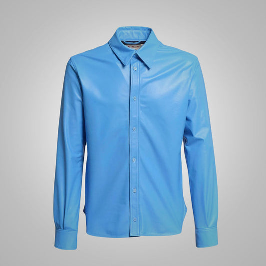 Sky Blue Lambskin Leather Shirt Men