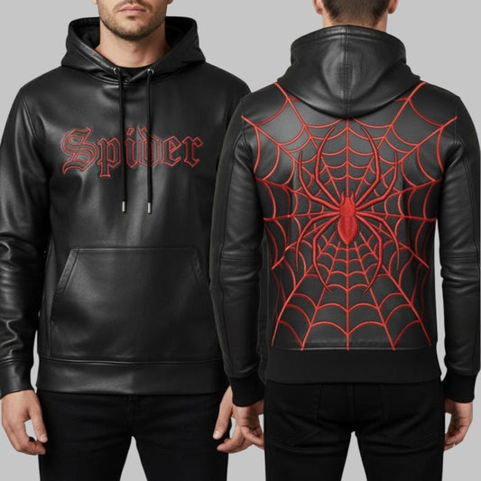 Spider Leather Hoodie Heavyweight Genuine Leather Biker Streetwear Jacket