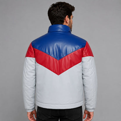 Stand Out In A Men Three Tone Lambskin Leather Puffer Jacket back view by avanzar leather