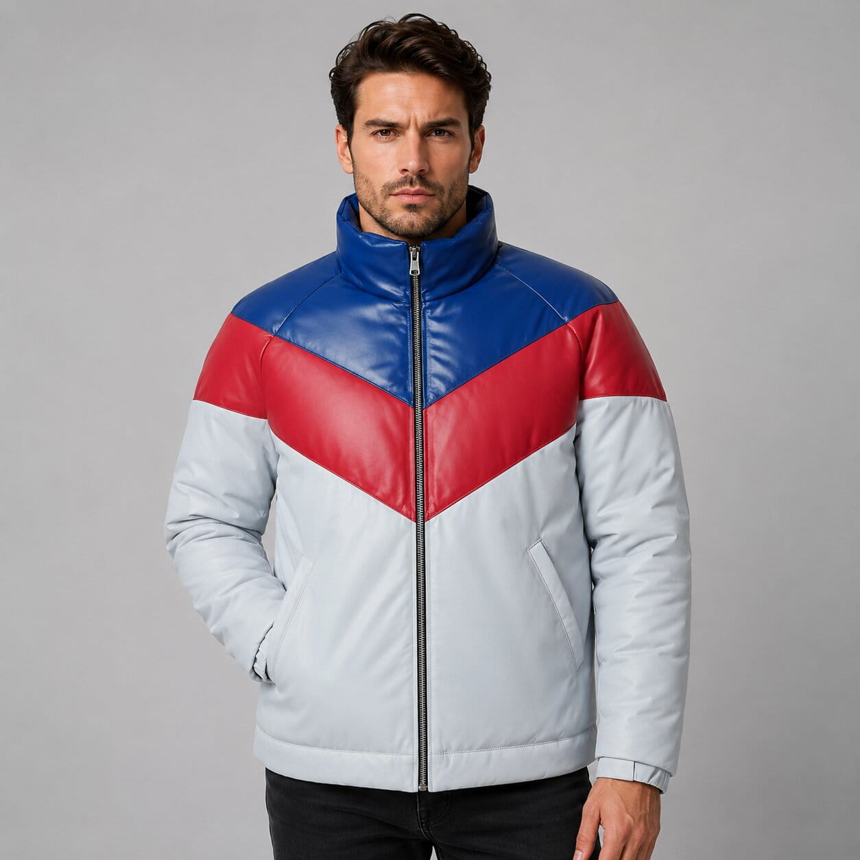 Stand Out In A Men Three Tone Lambskin Leather Puffer Jacket front view by avanzar leather
