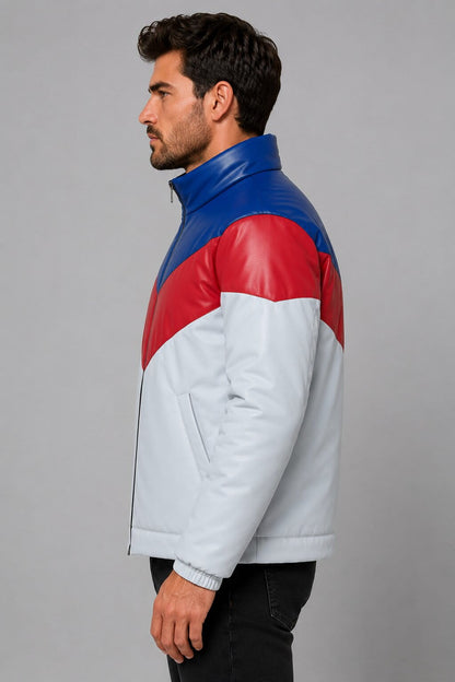 Stand Out In A Men Three Tone Lambskin Leather Puffer Jacket sidview by avanzar leather