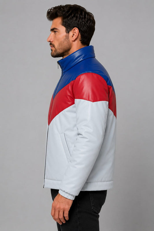Stand Out In A Men Three Tone Lambskin Leather Puffer Jacket sidview by avanzar leather