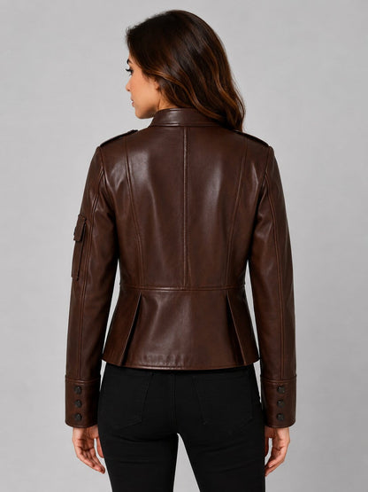 Women Brown Genuine Sheepskin Leather Military Coat With Classic Winter Style