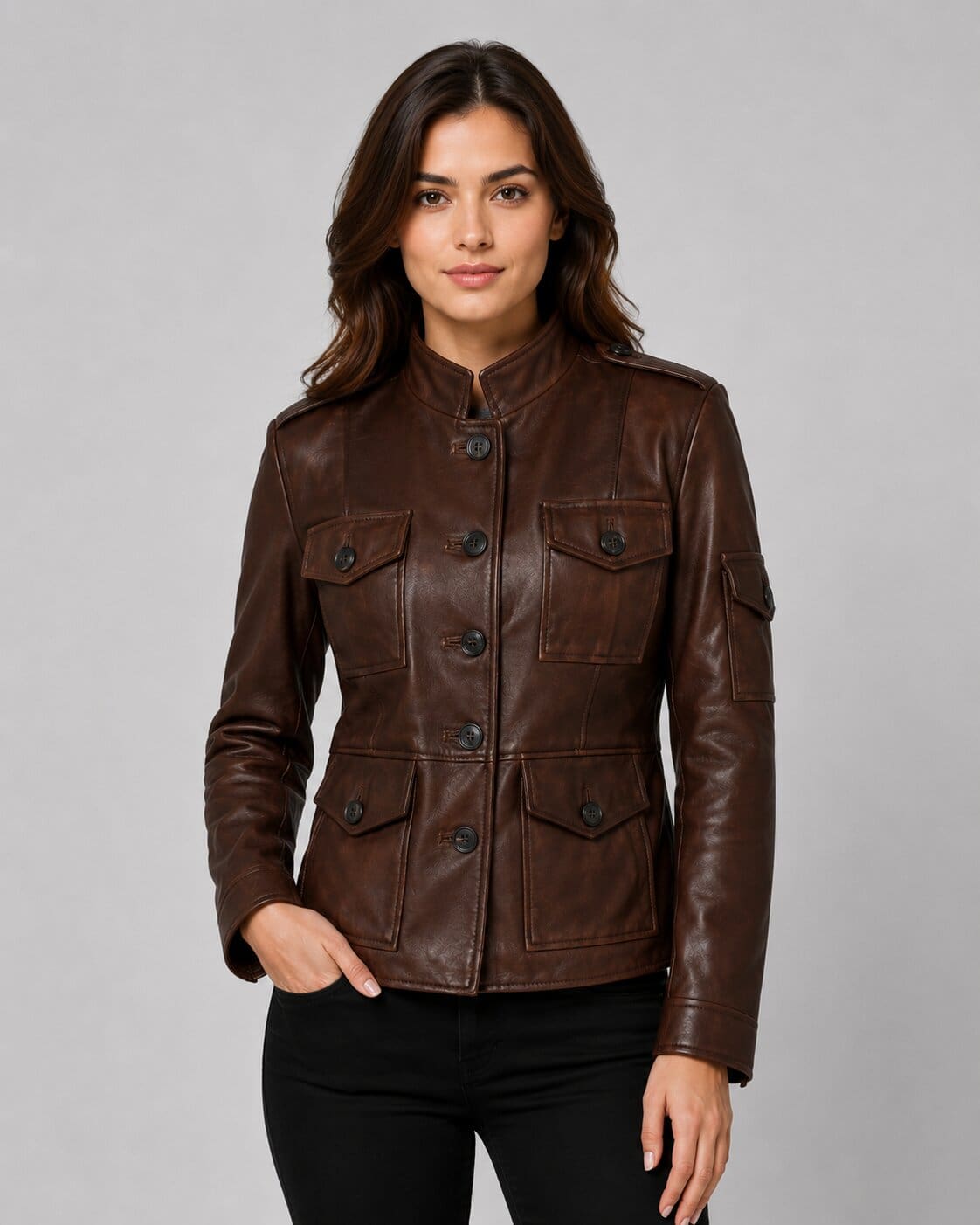 Stay Warm In A Women Brown Sheepskin Leather Military Coat front view by avanzar leather