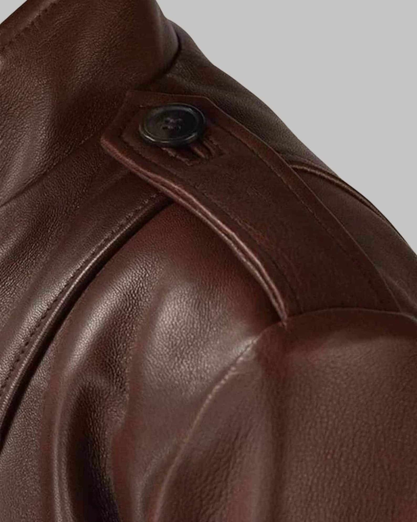 Stay Warm In A Women Brown Sheepskin Leather Military Coat shoulder close-ups by avanzar leather