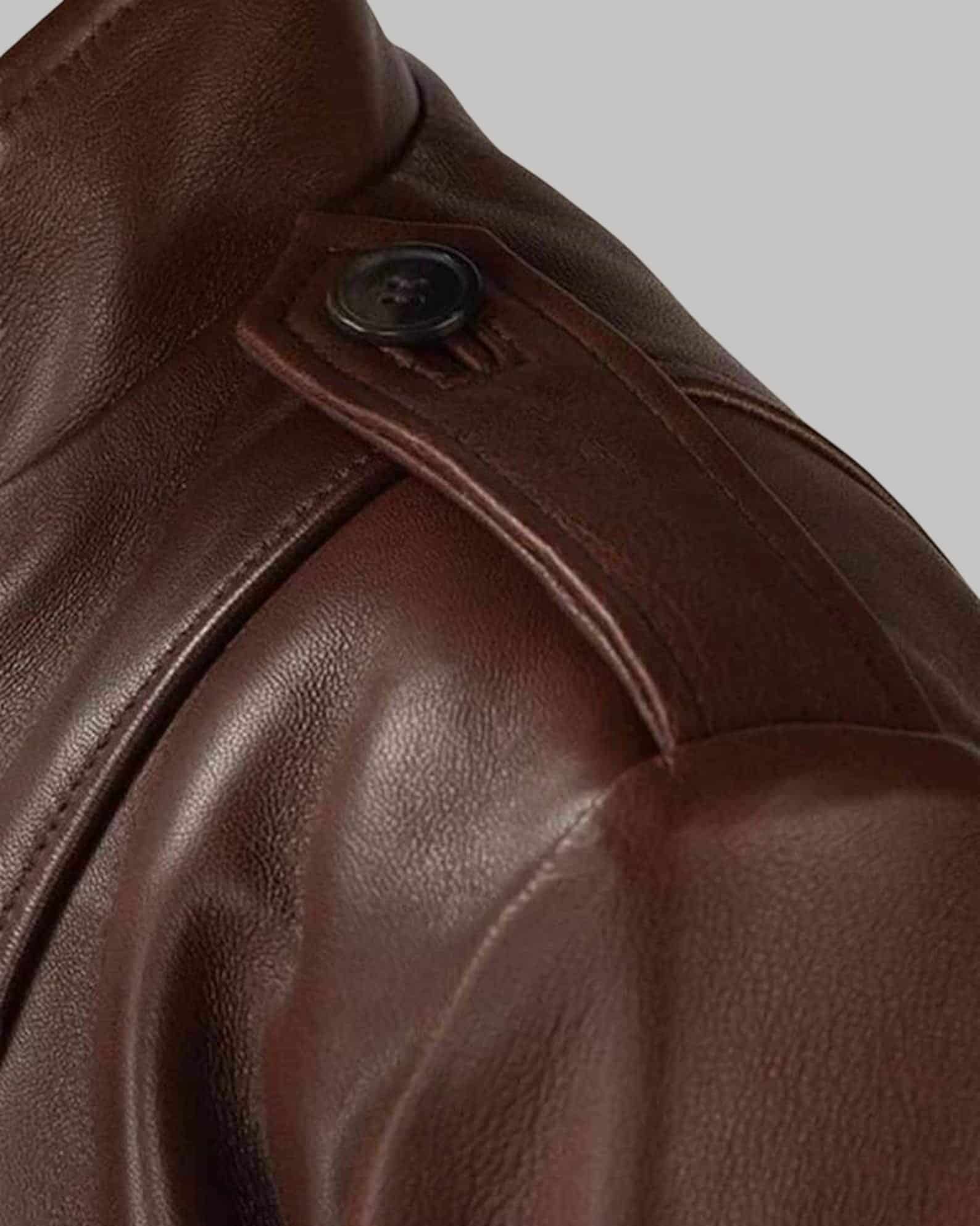 Stay Warm In A Women Brown Sheepskin Leather Military Coat shoulder close-ups by avanzar leather