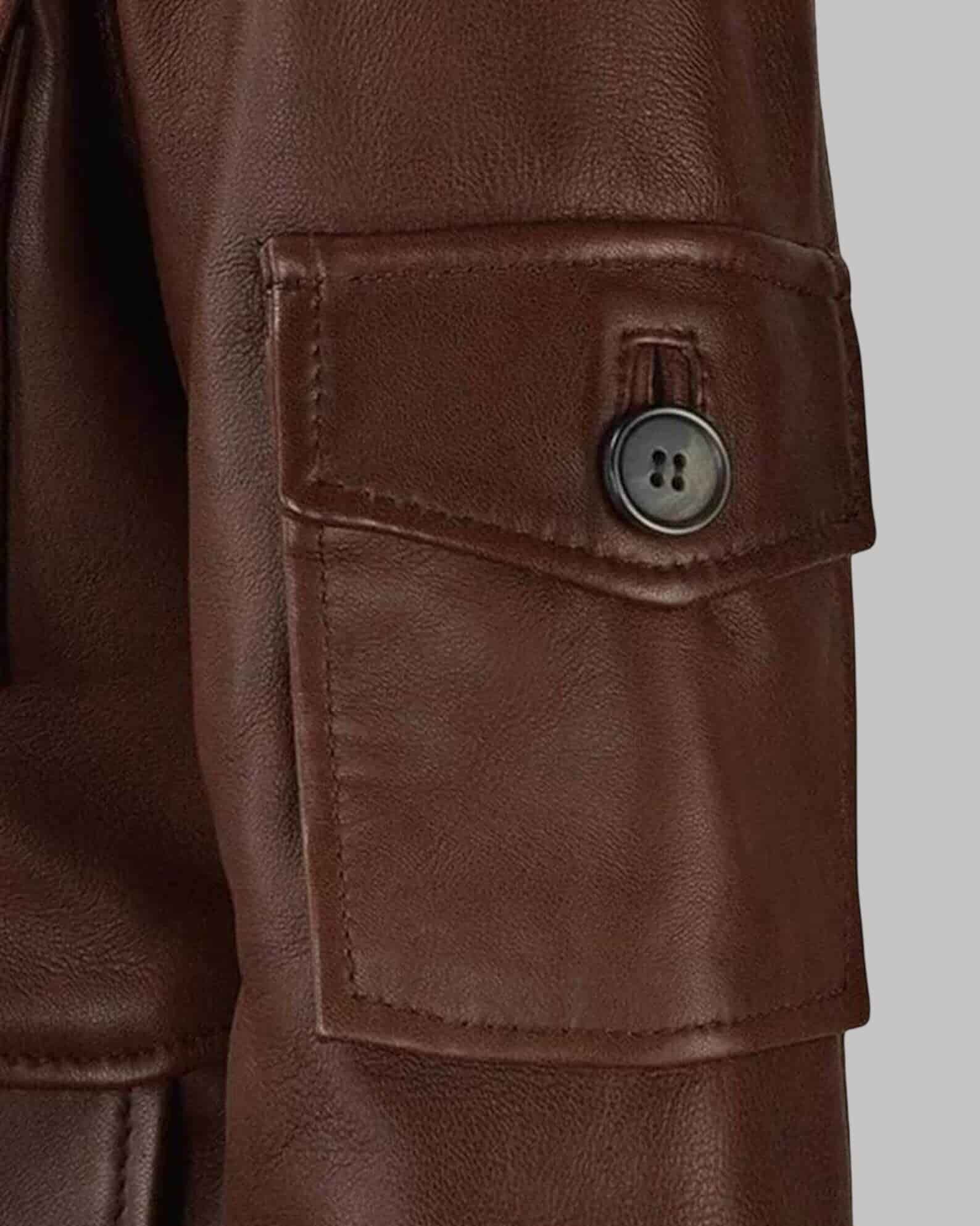 Stay Warm In A Women Brown Sheepskin Leather Military Coat sid view by avanzar leather