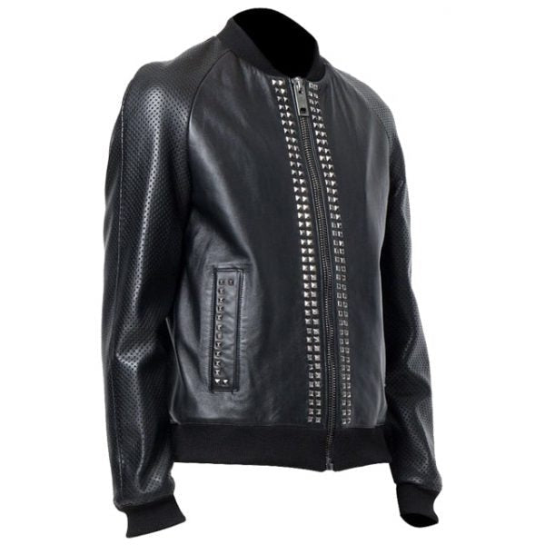 Men's Black Studded Bomber Leather Jacket