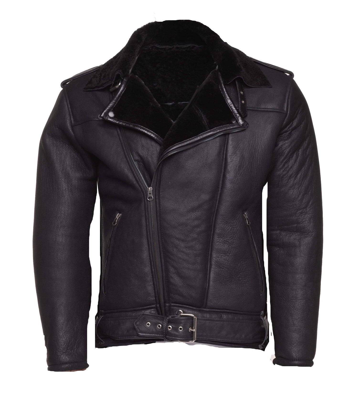 Premium Black on Black Shearling Biker Jacket