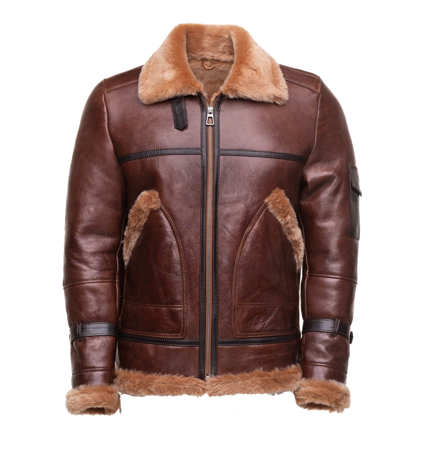 Esa Brown Bomber Sheepskin Shearling Jacket with Large Pockets