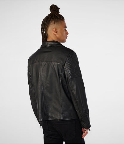 Men's Leather Shearling Biker Jacket In Black