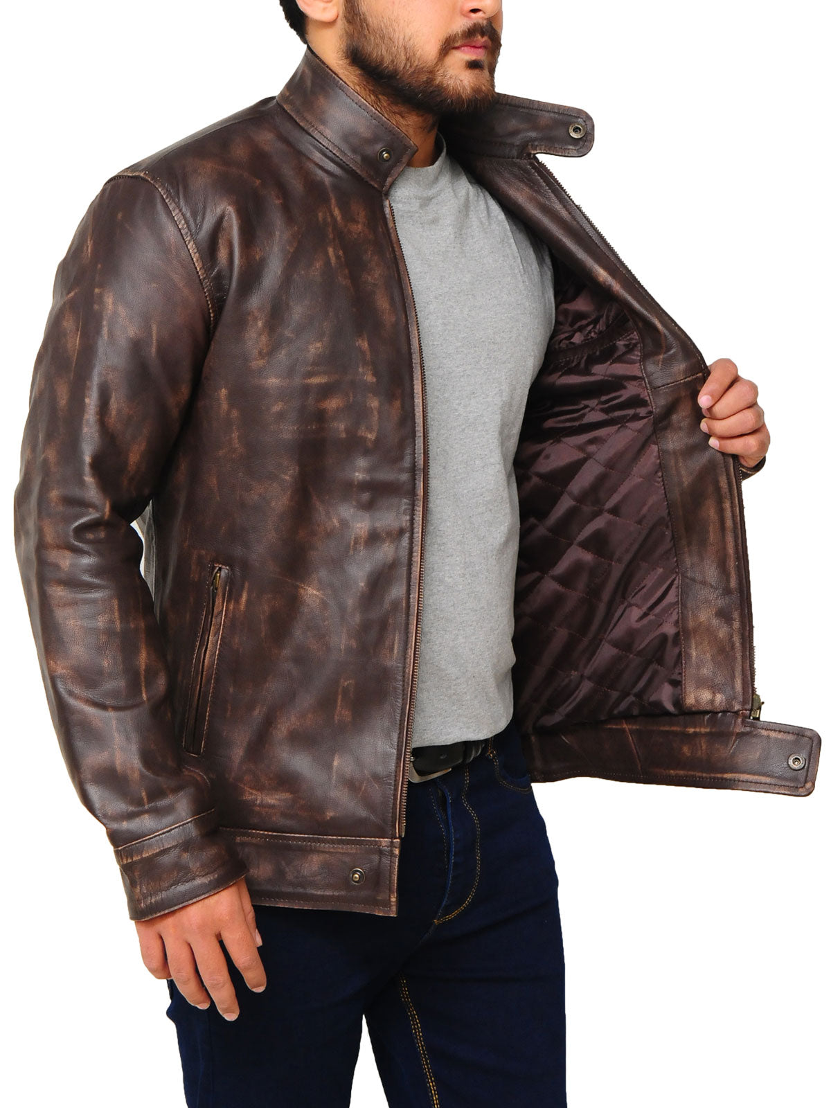 Premium Avanzar Distressed Brown Snap Tab Leather Jacket