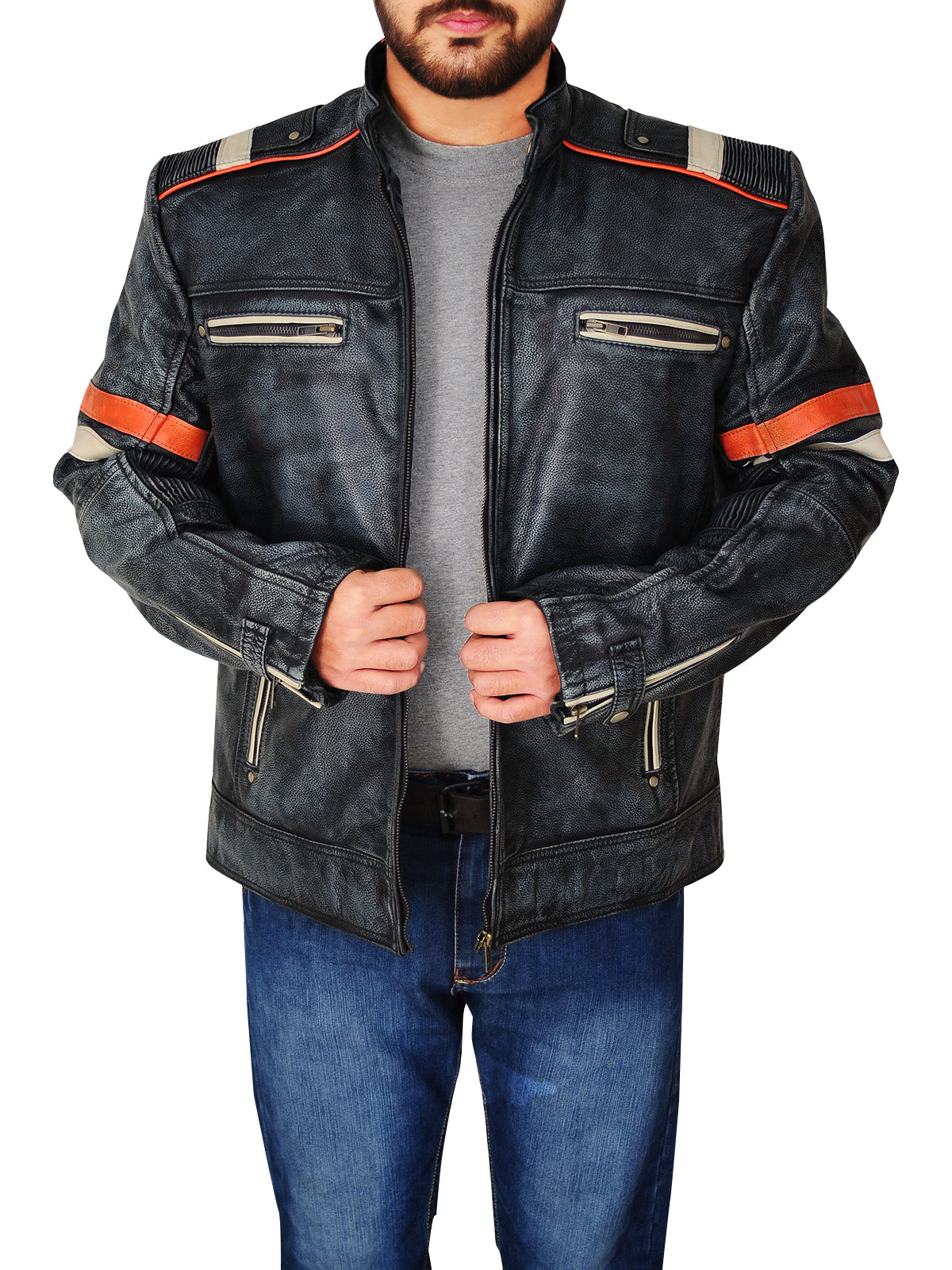 Premium Avanzar Men’s Distressed Black Cafe Racer Jacket