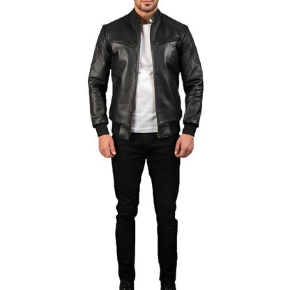 Sven Black Leather Bomber Jacket - Sleek & Modern