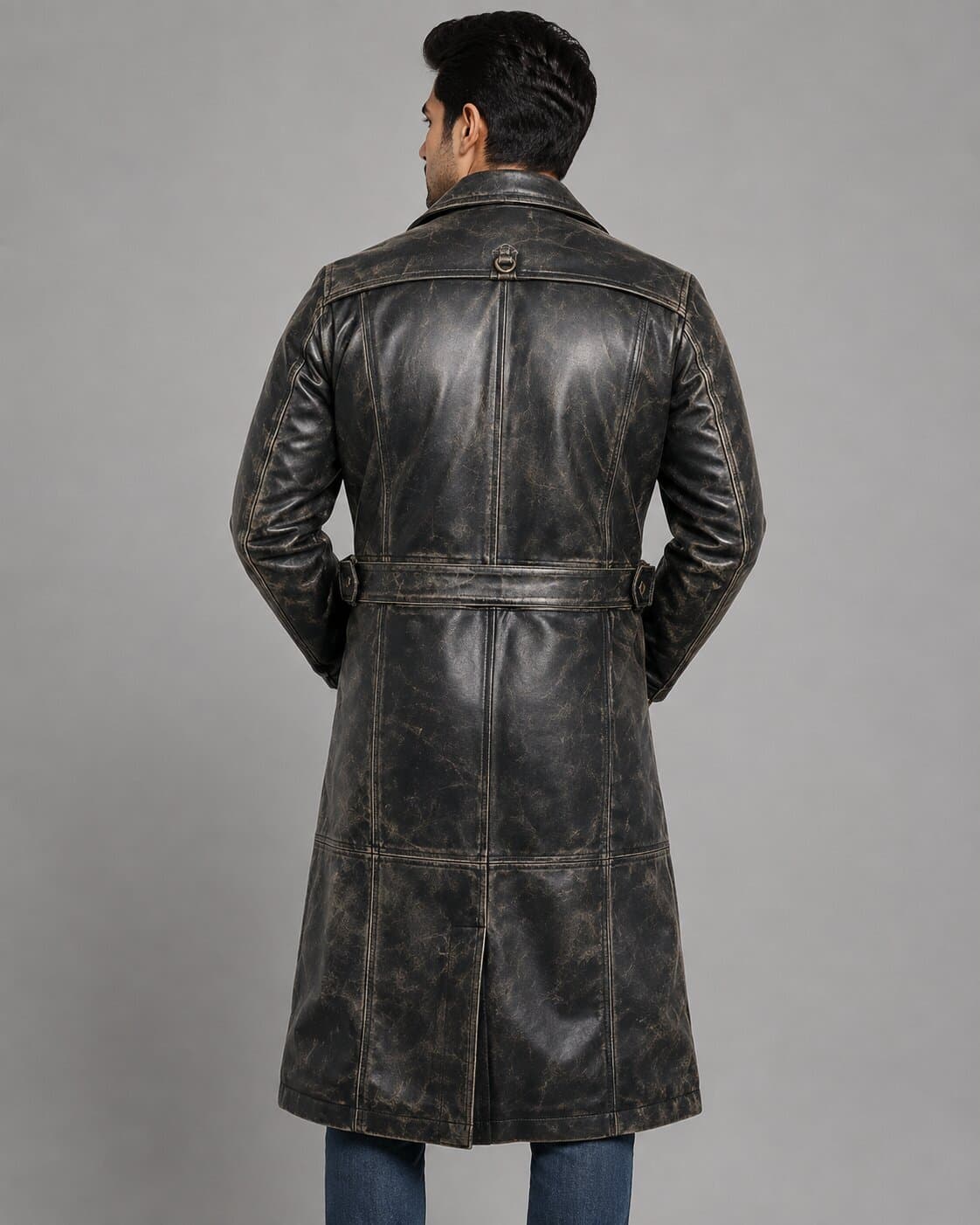 Sylix Distressed Leather Duster Coat - Vintage Rugged Style back view by avanzar leather