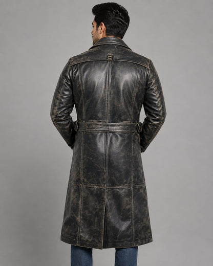 Sylix Distressed Leather Duster Coat - Vintage Rugged Style back view by avanzar leather