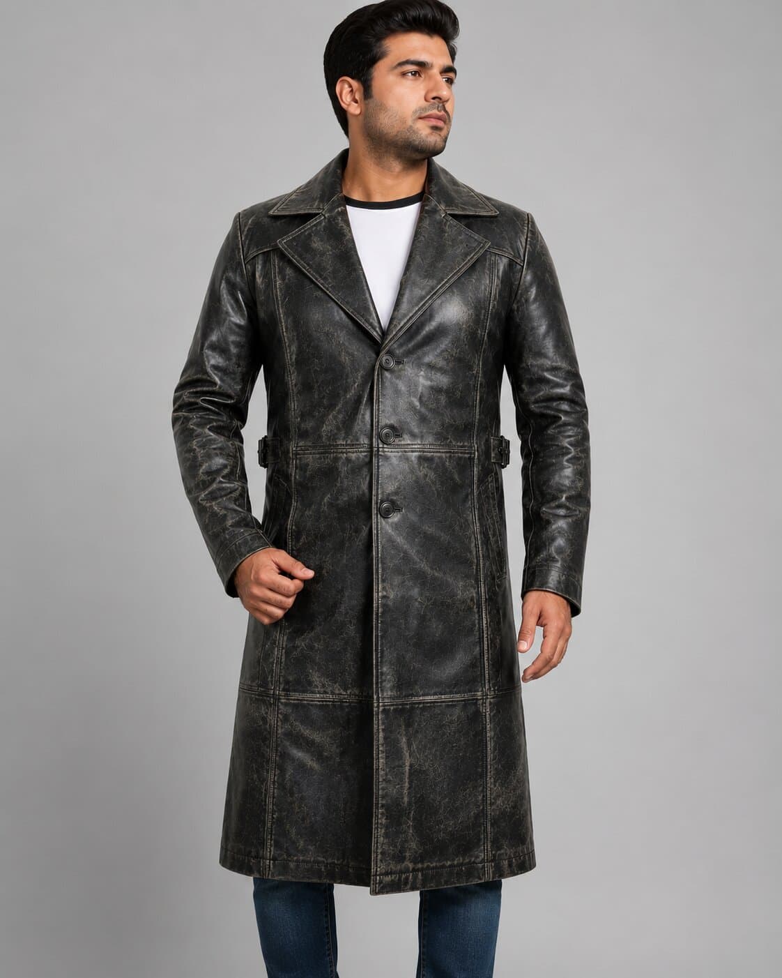 Sylix Distressed Leather Duster Coat - Vintage Rugged Style front view by avanzar leather