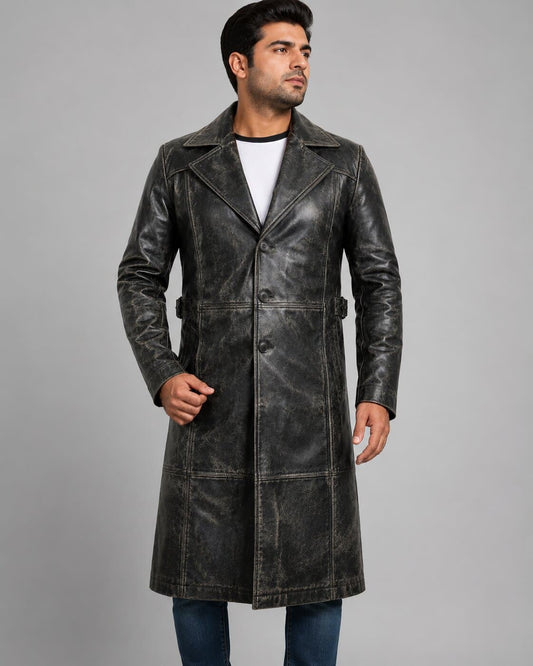 Sylix Distressed Leather Duster Coat - Vintage Rugged Style front view by avanzar leather