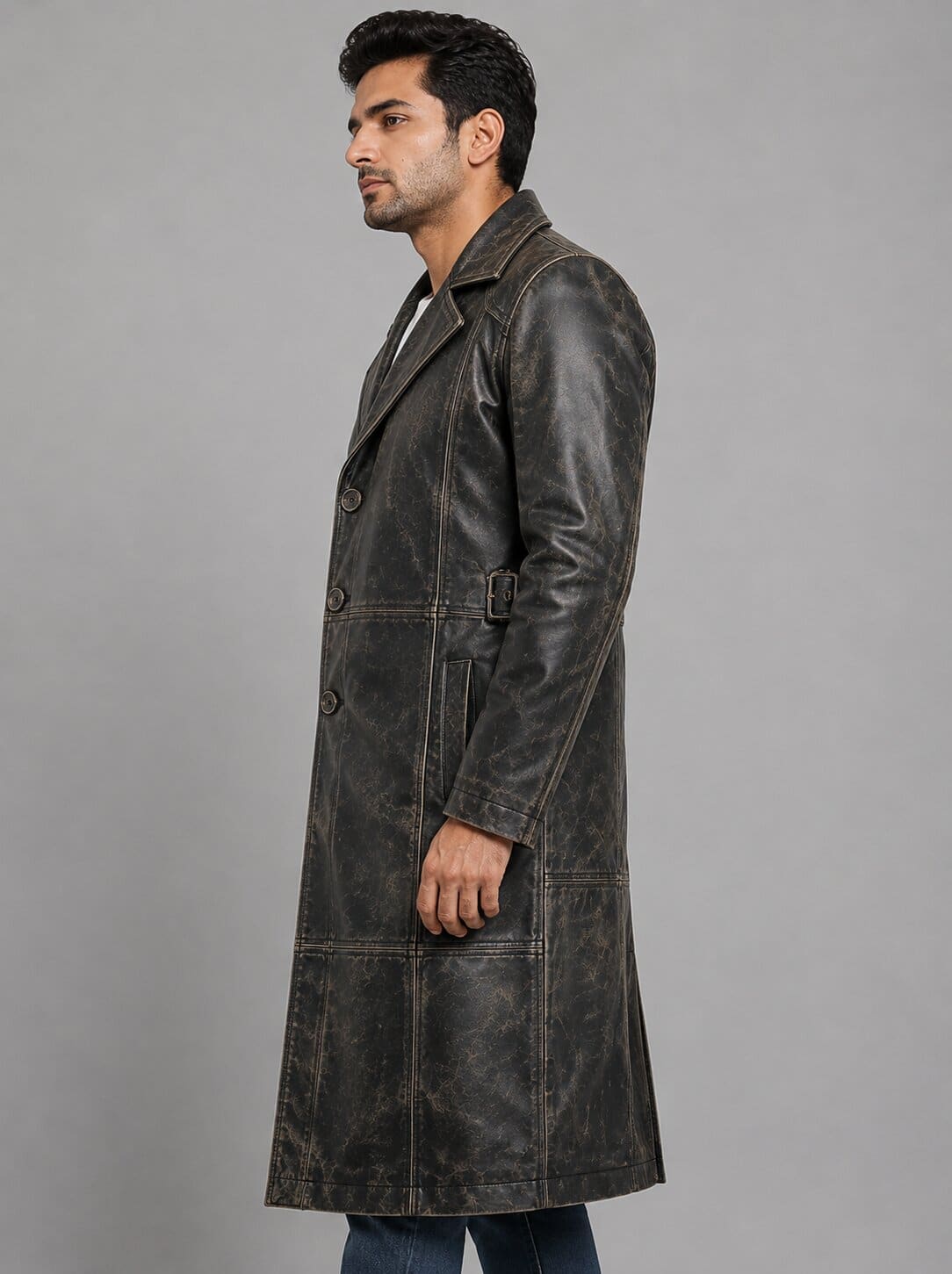 Sylix Distressed Leather Duster Coat - Vintage Rugged Style sid view by avanzar leather
