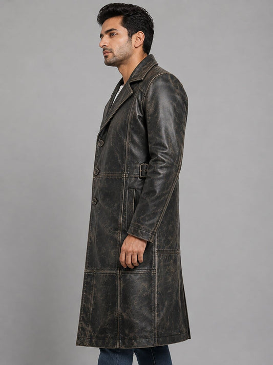 Sylix Distressed Leather Duster Coat - Vintage Rugged Style sid view by avanzar leather