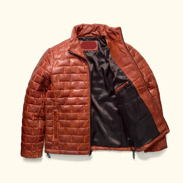 Men’s Whiskey Brown Leather Puffer Jacket – Warm & Stylish Avanzar Leather