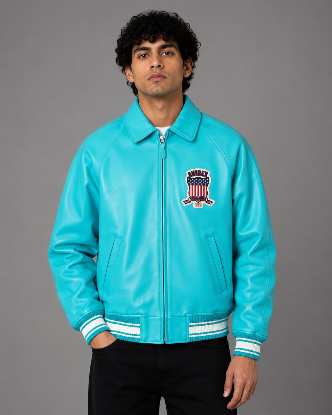 Turquoise Bomber Avirex Icon Leather Jacket for Men