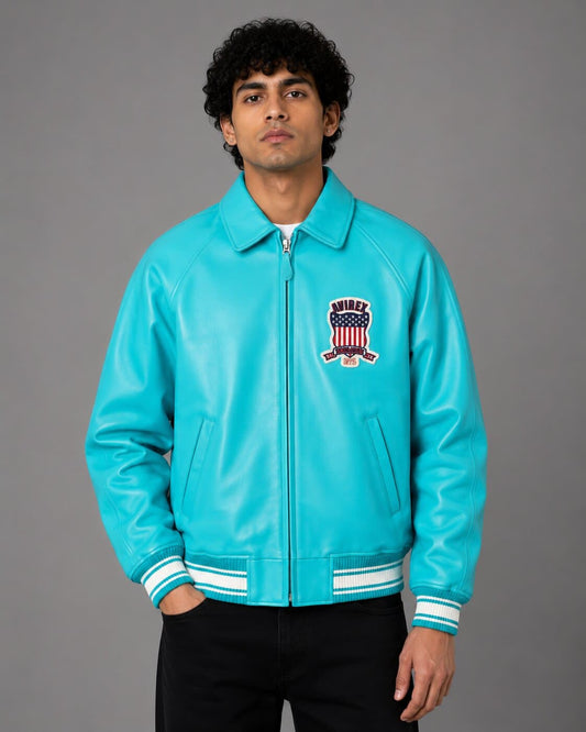 Turquoise Bomber Avirex Icon Leather Jacket for Men