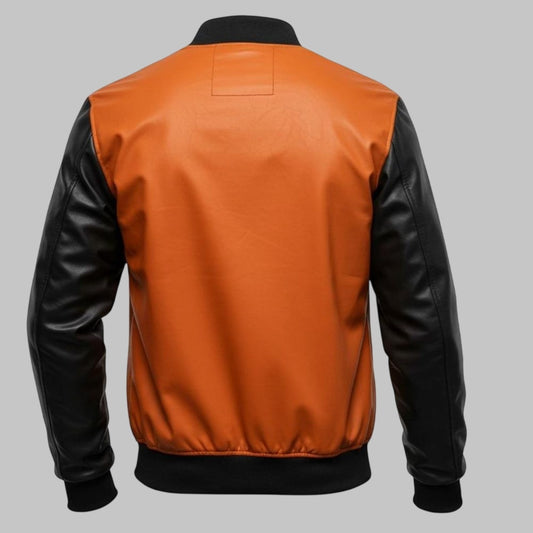 Two Tone Men Black and Orange Leather Bomber Streetwear Jacket