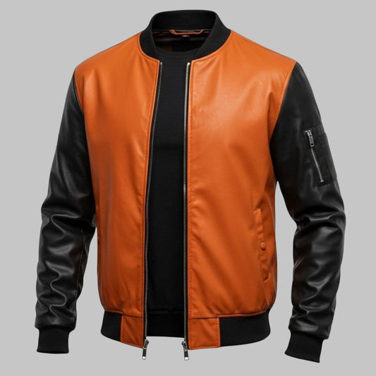 Two Tone Men Black and Orange Leather Bomber Streetwear Jacket